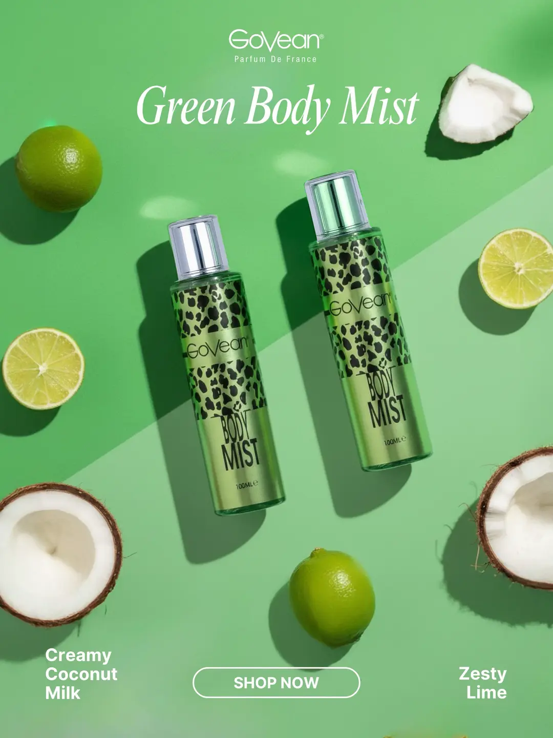 Green Body Mist Duo: Creamy coconut milk scent Zesty lime scent